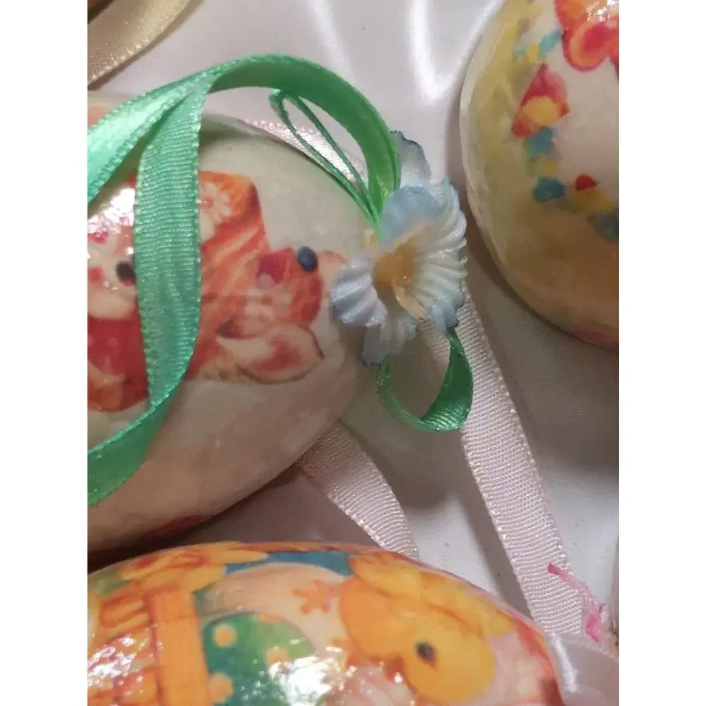6 Vintage Easter Egg Paper Mache Decoupage Ornaments Bunny Chick Kitschy 3”